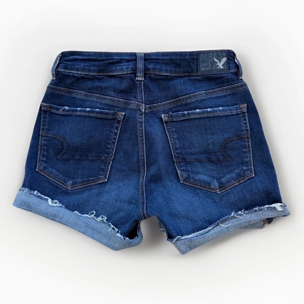 Womens American Eagle Jean Shorts 2 Hi Rise Shortie Stretch Dark Blue Denim